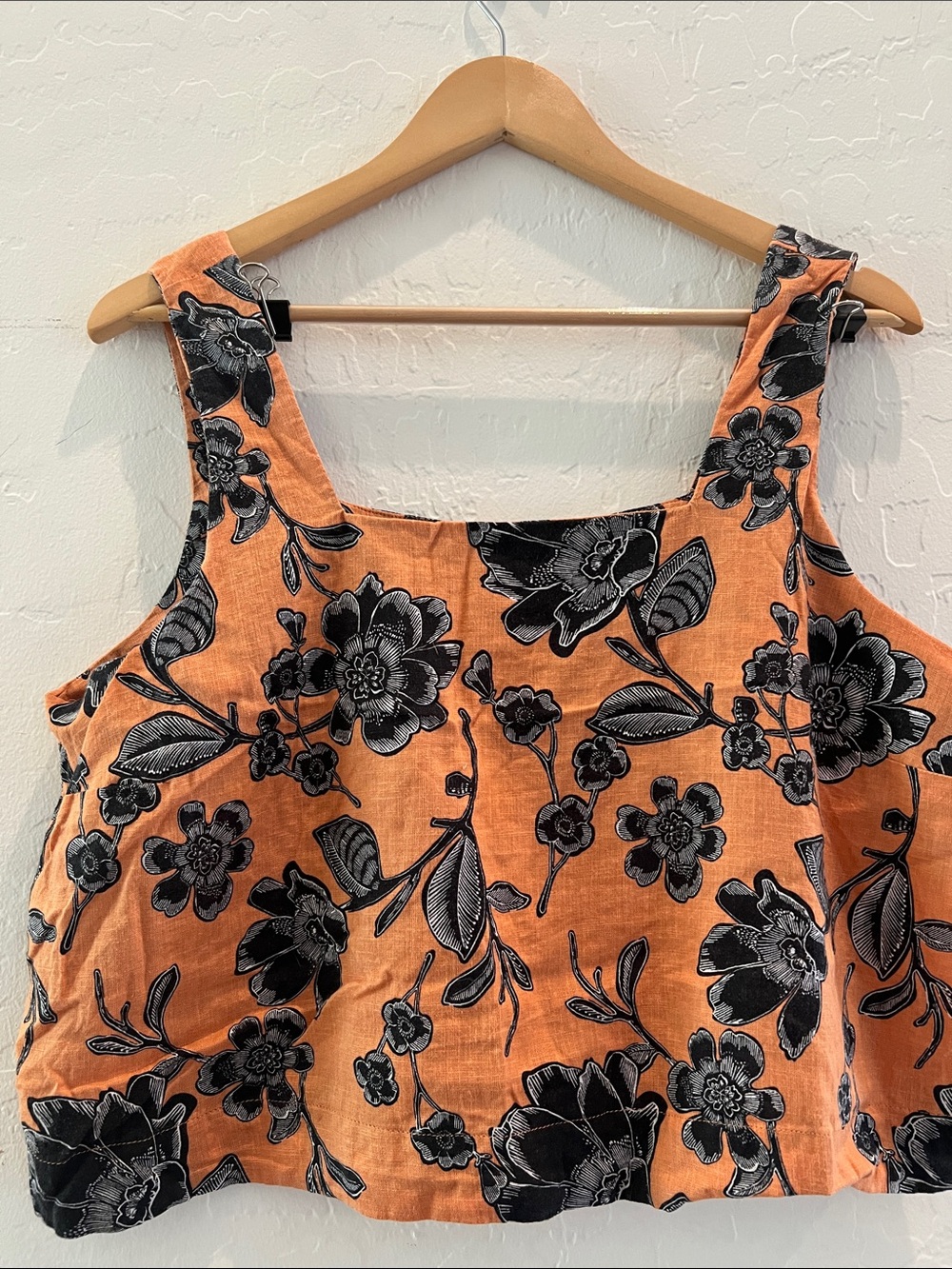 LNWOT SZ  L a n a  Orange & Black Floral Linen Square Neck Tank